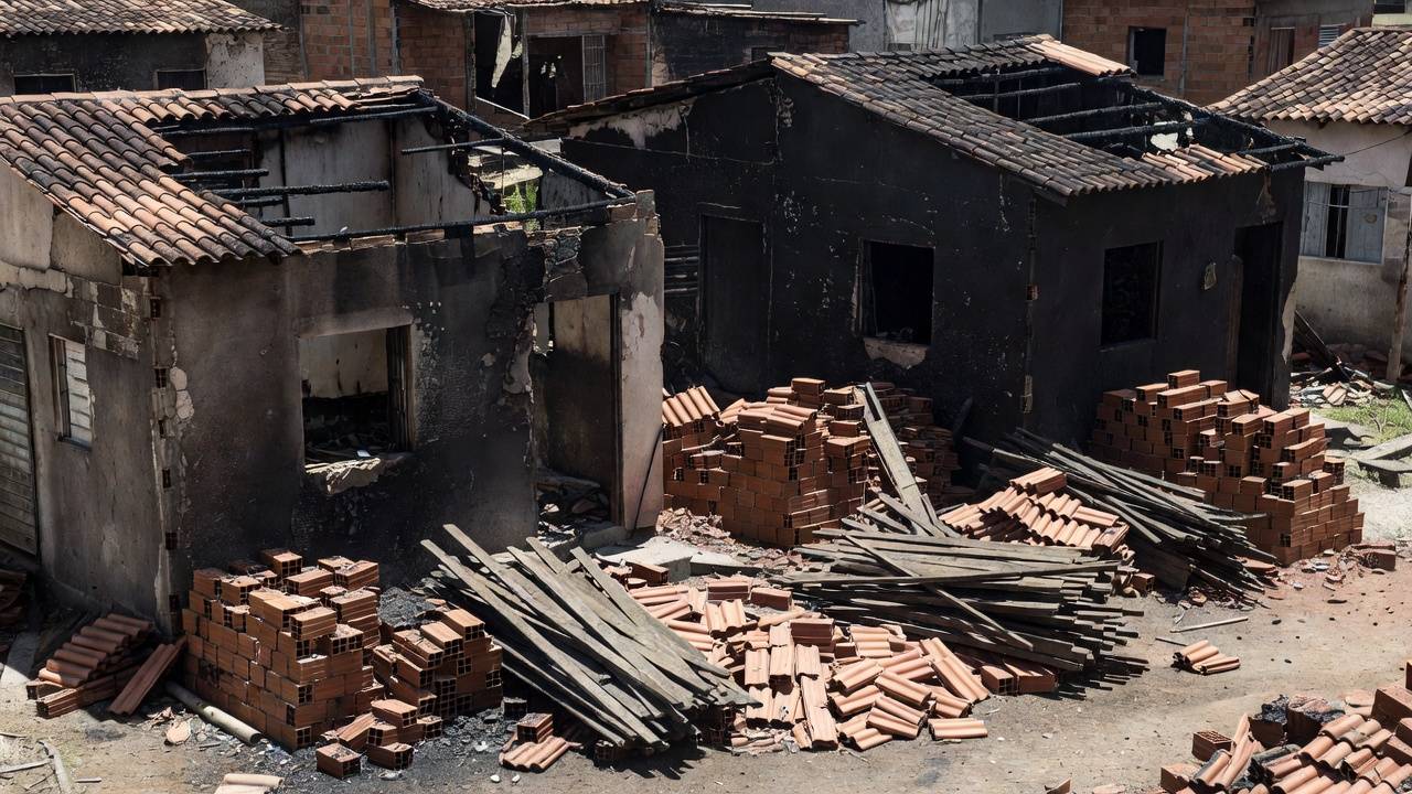 Casas destruídas por incêndio em Estrutural com materiais de construção para reconstrução