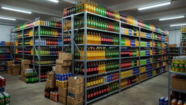 Interior de distribuidora de bebidas no DF com prateleiras cheias