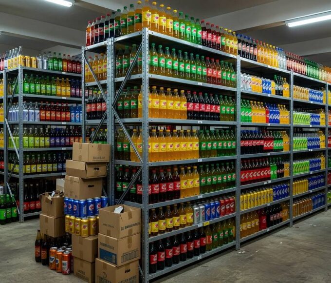 Interior de distribuidora de bebidas no DF com prateleiras cheias