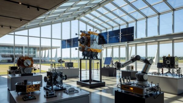 Hub de Inovação Aeroespacial da UnB no SpaceBR Show 2026 com satélites e equipamentos