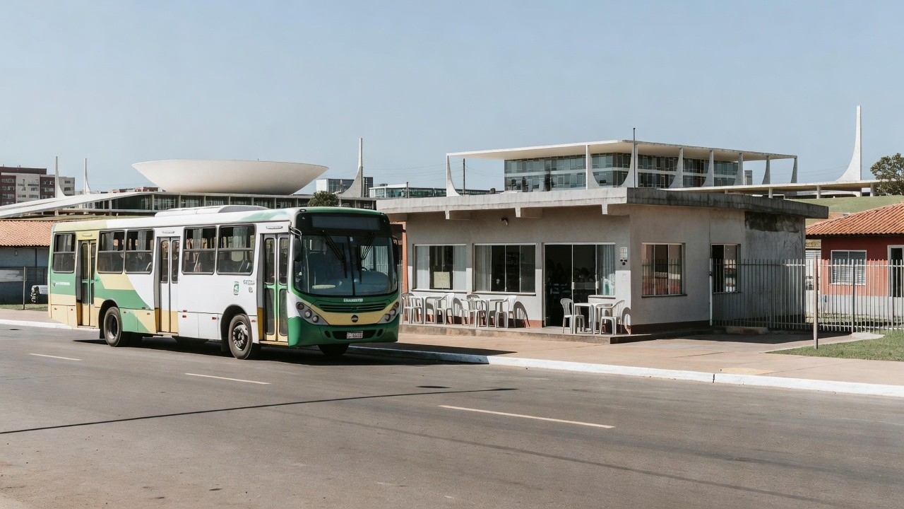 Ônibus do GDF oferecendo transporte gratuito para restaurantes comunitários em Brasília durante paralisação