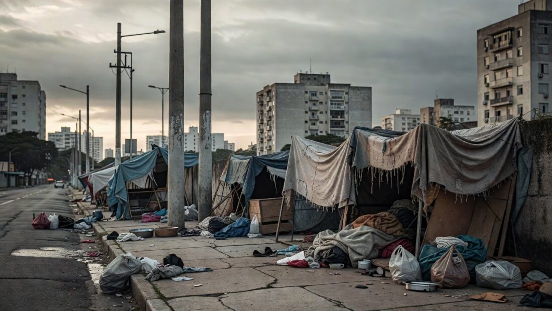 Calçada urbana em São Paulo com barracas improvisadas de moradores de rua, representando alerta sobre internação compulsória