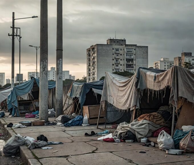 Calçada urbana em São Paulo com barracas improvisadas de moradores de rua, representando alerta sobre internação compulsória