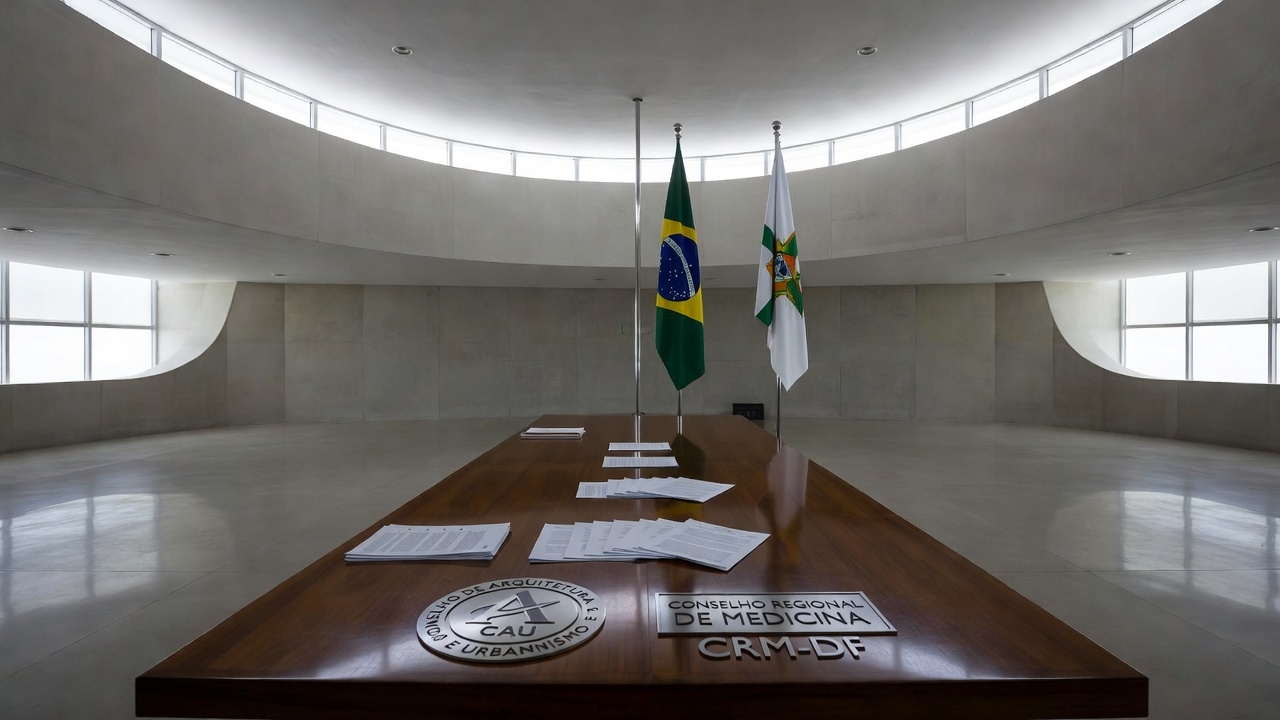 Plenário da CLDF com documentos e emblemas de conselhos profissionais em Brasília