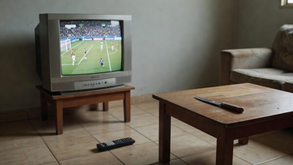 Sala de estar brasileira com TV de futebol e faca, representando caso de agressão no DF