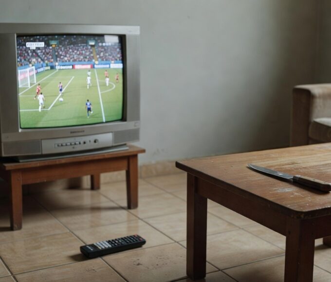 Sala de estar brasileira com TV de futebol e faca, representando caso de agressão no DF