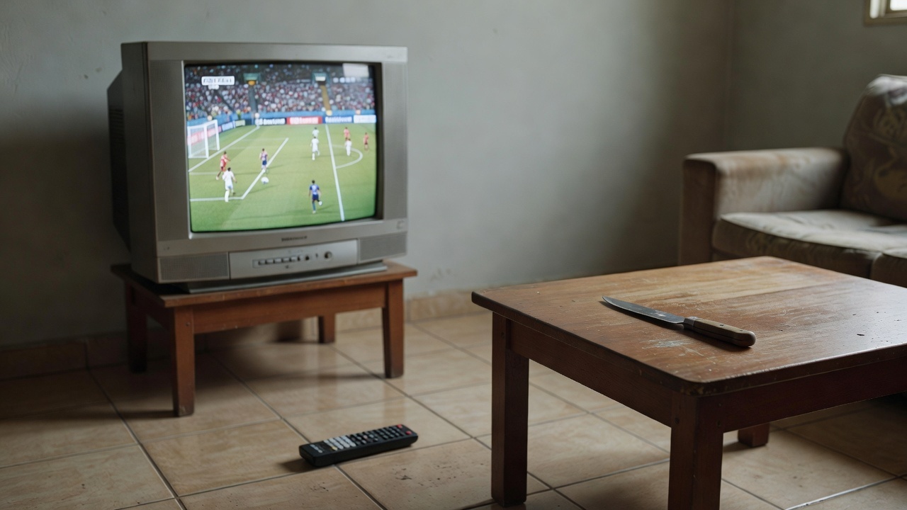 Sala de estar brasileira com TV de futebol e faca, representando caso de agressão no DF