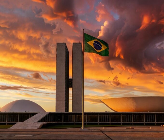 Interior do Congresso Nacional em Brasília com bandeiras, simbolizando cidadania honorária