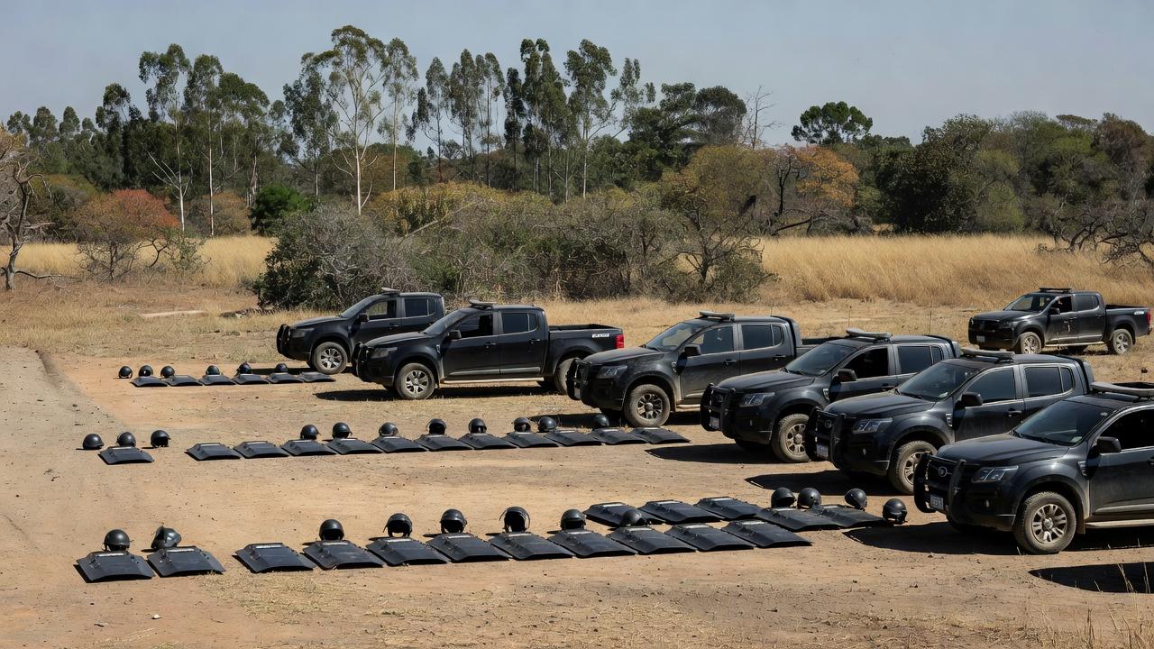 Base de treinamento da Força Nacional com viaturas e equipamentos de choque