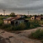 Assentamento rural do INCRA abandonado após 40 anos, com casas em ruínas e campos negligenciados.