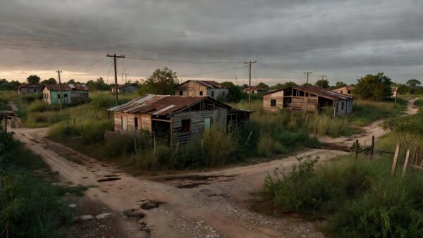 Assentamento rural do INCRA abandonado após 40 anos, com casas em ruínas e campos negligenciados.