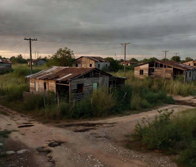 Assentamento rural do INCRA abandonado após 40 anos, com casas em ruínas e campos negligenciados.