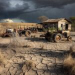 Paisagem rural brasileira abandonada com campos secos e estruturas deterioradas