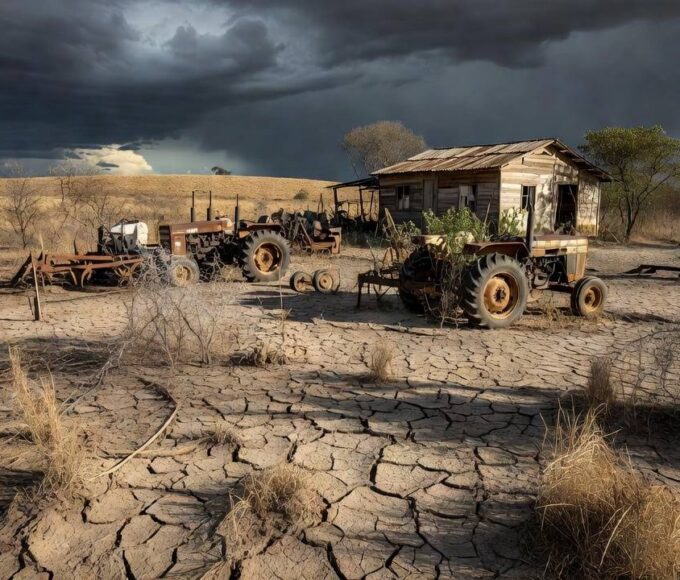 Paisagem rural brasileira abandonada com campos secos e estruturas deterioradas