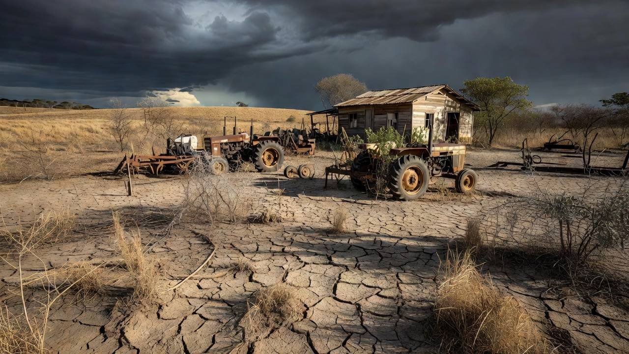 Paisagem rural brasileira abandonada com campos secos e estruturas deterioradas