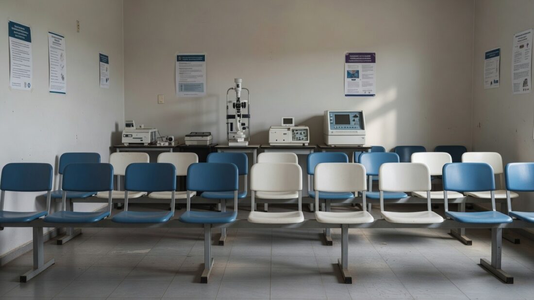 Sala de espera em posto de saúde do DF com equipamentos para atendimento ocular do SUS