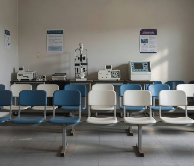 Sala de espera em posto de saúde do DF com equipamentos para atendimento ocular do SUS