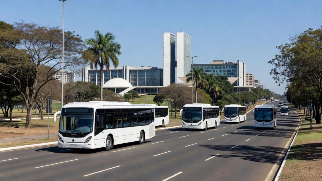 Ônibus elétricos em operação em avenida de Brasília, Distrito Federal
