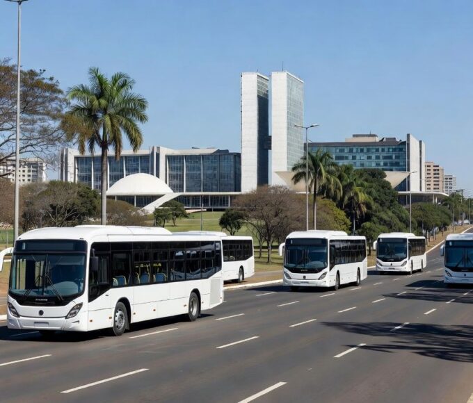Ônibus elétricos em operação em avenida de Brasília, Distrito Federal
