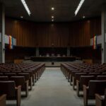 Plenário vazio da CLDF com bandeiras do orgulho LGBTI+ sob luz sombria