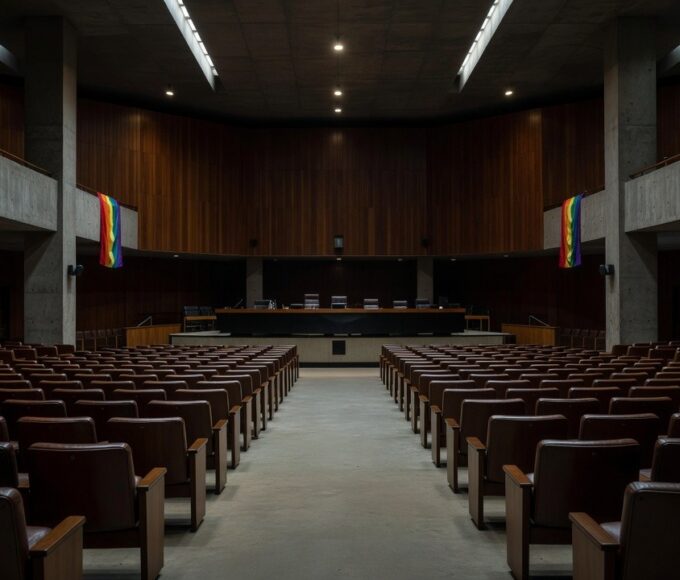 Plenário vazio da CLDF com bandeiras do orgulho LGBTI+ sob luz sombria