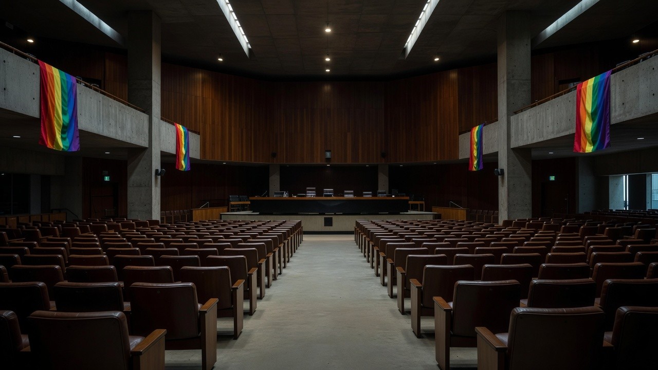 Plenário vazio da CLDF com bandeiras do orgulho LGBTI+ sob luz sombria
