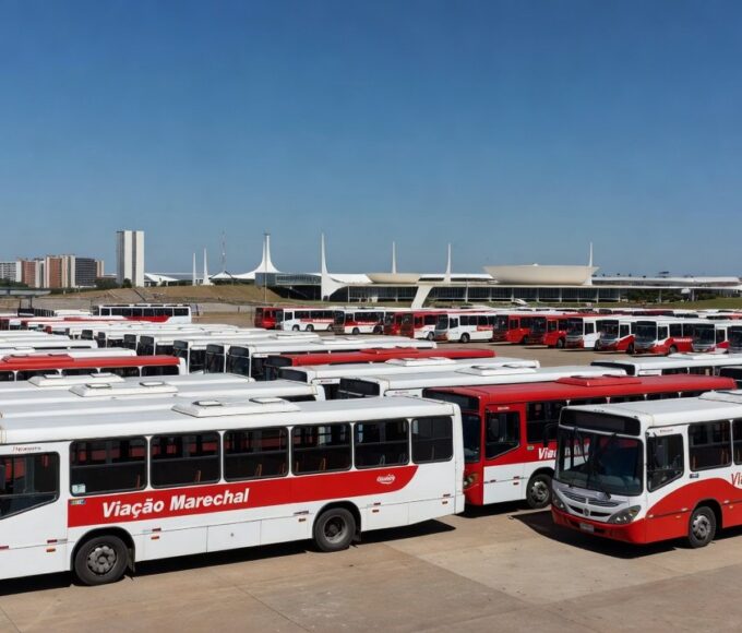 Frota de ônibus da Viação Marechal em pátio em Brasília