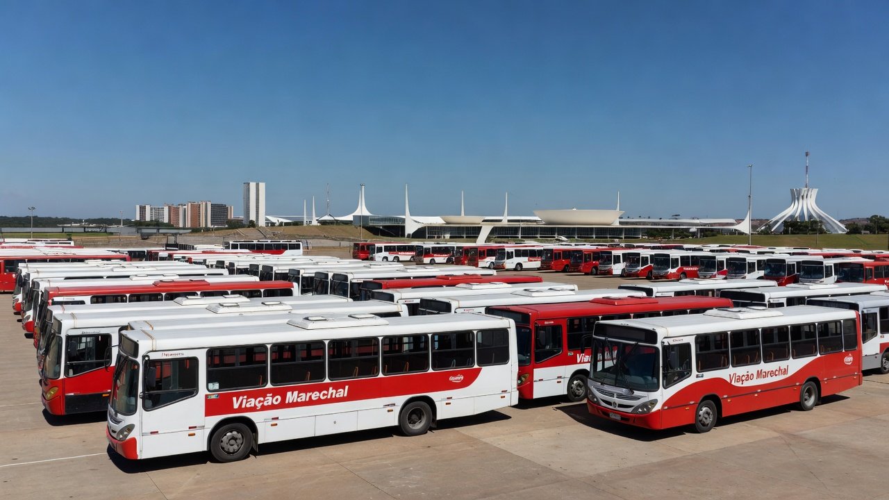 Frota de ônibus da Viação Marechal em pátio em Brasília