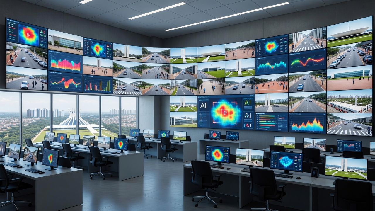 Centro de monitoramento com câmeras e IA da Plataforma DF 360 em Brasília