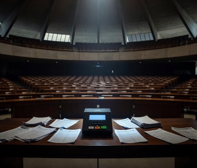 Plenário da CLDF com urnas eletrônicas e documentos eleitorais