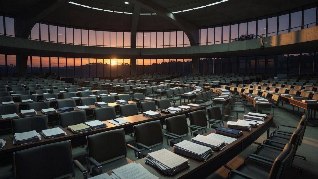 Plenário da Câmara Legislativa do DF com documentos espalhados antes do recesso
