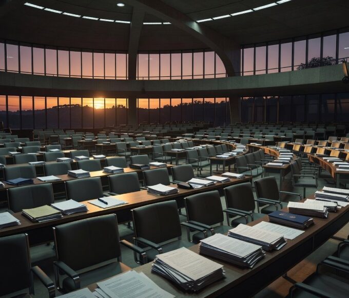 Plenário da Câmara Legislativa do DF com documentos espalhados antes do recesso