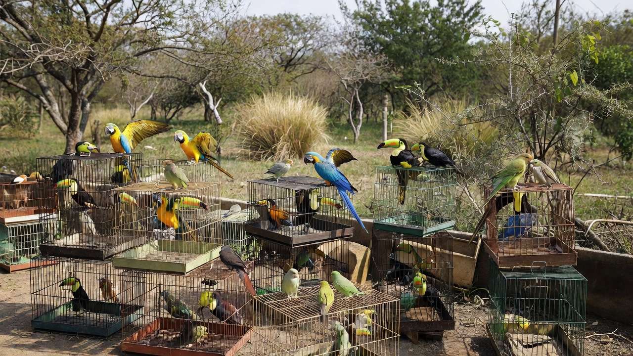 Gaiolas com aves silvestres apreendidas pela Polícia Ambiental no Gama