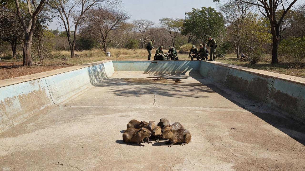 PM Ambiental resgata filhotes de capivara em piscina vazia no Lago Norte