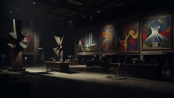 Estúdio vazio da TV Câmara com obras de arte de artistas do DF