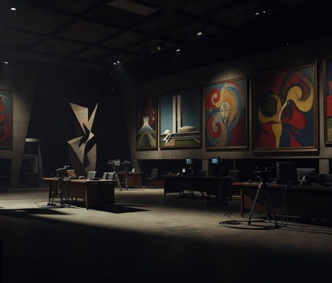 Estúdio vazio da TV Câmara com obras de arte de artistas do DF
