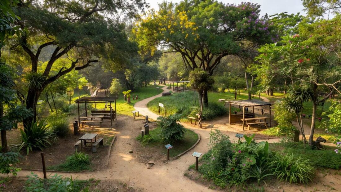 Parque educador com trilhas e áreas de aprendizado ao ar livre no Brasil