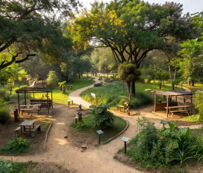 Parque educador com trilhas e áreas de aprendizado ao ar livre no Brasil