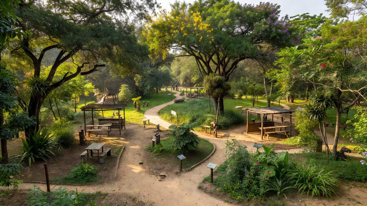Parque educador com trilhas e áreas de aprendizado ao ar livre no Brasil