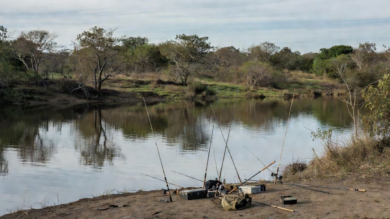 Rio no DF com equipamentos de pesca esportiva abandonados, simbolizando aprovação sem investimentos