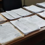 Documentos de contrato empresarial e processo judicial em mesa de escritório no Brasil
