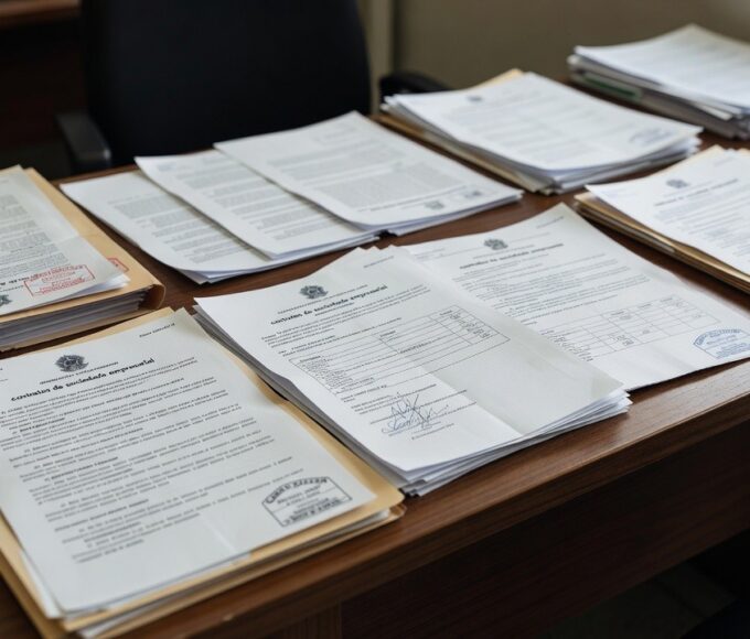 Documentos de contrato empresarial e processo judicial em mesa de escritório no Brasil