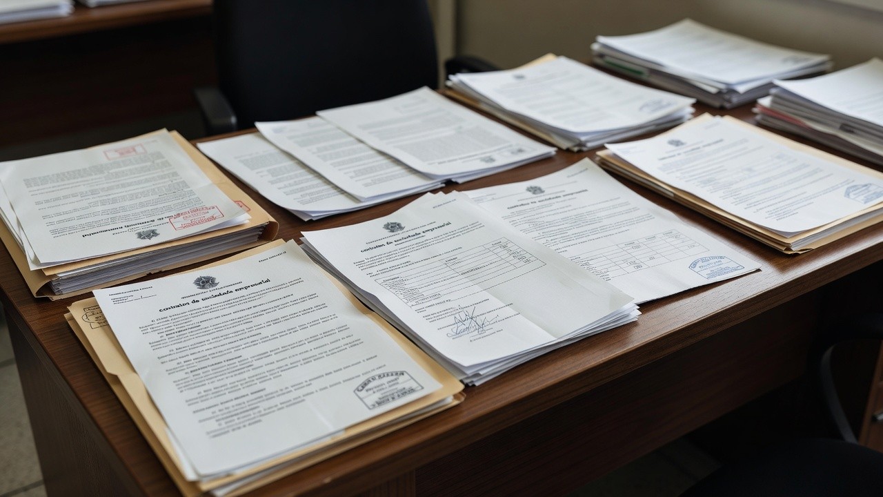 Documentos de contrato empresarial e processo judicial em mesa de escritório no Brasil