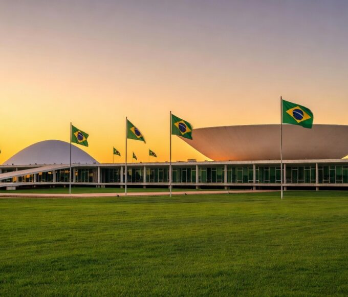 Palácio do Congresso Nacional em Brasília ao entardecer, simbolizando política brasileira