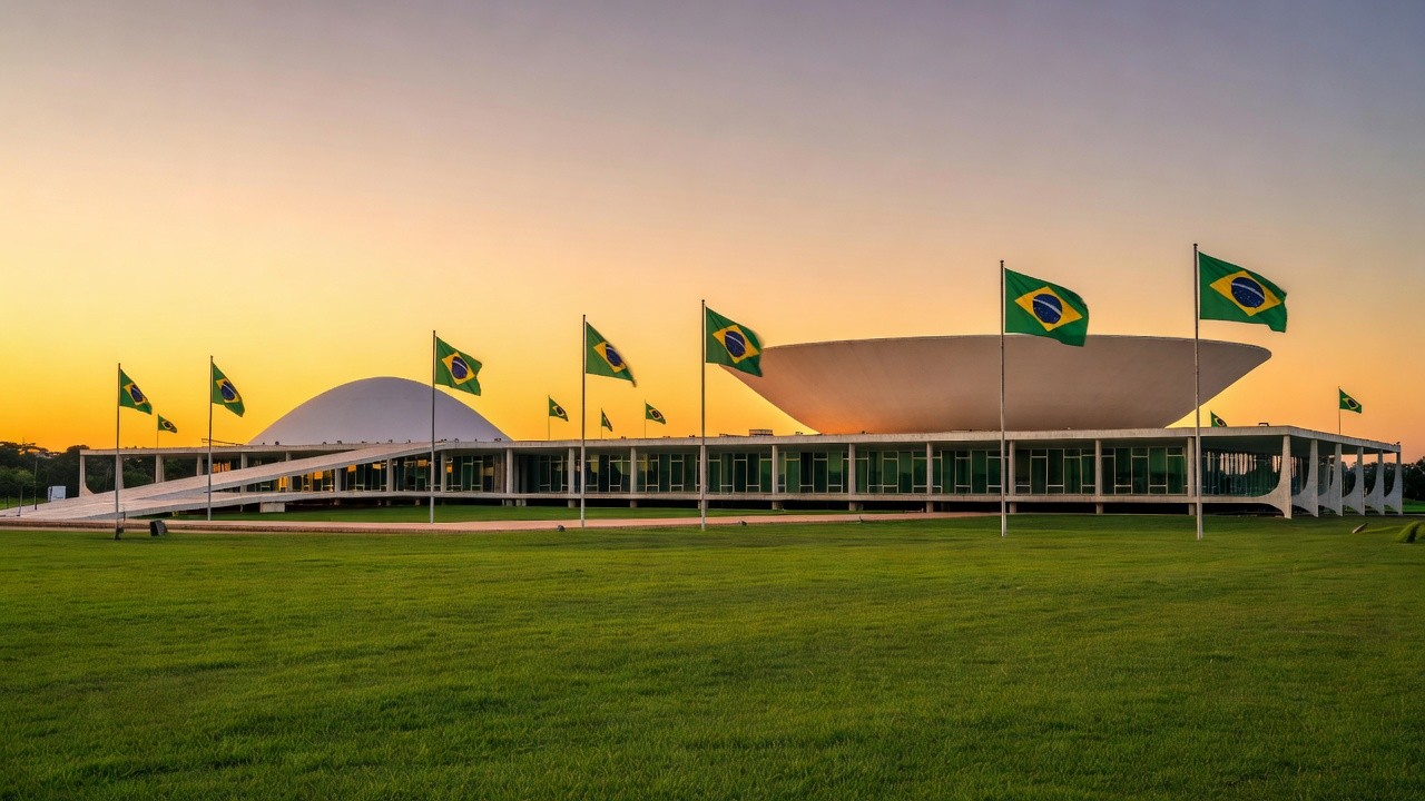 Palácio do Congresso Nacional em Brasília ao entardecer, simbolizando política brasileira