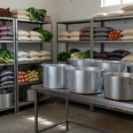Cozinha solidária em Brasília com panelas e alimentos básicos no combate à fome no DF