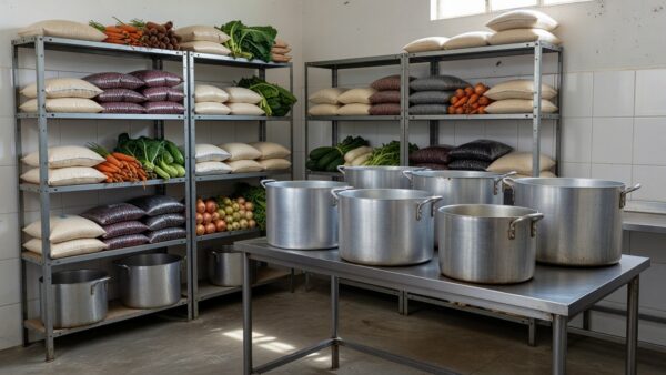 Cozinha solidária em Brasília com panelas e alimentos básicos no combate à fome no DF