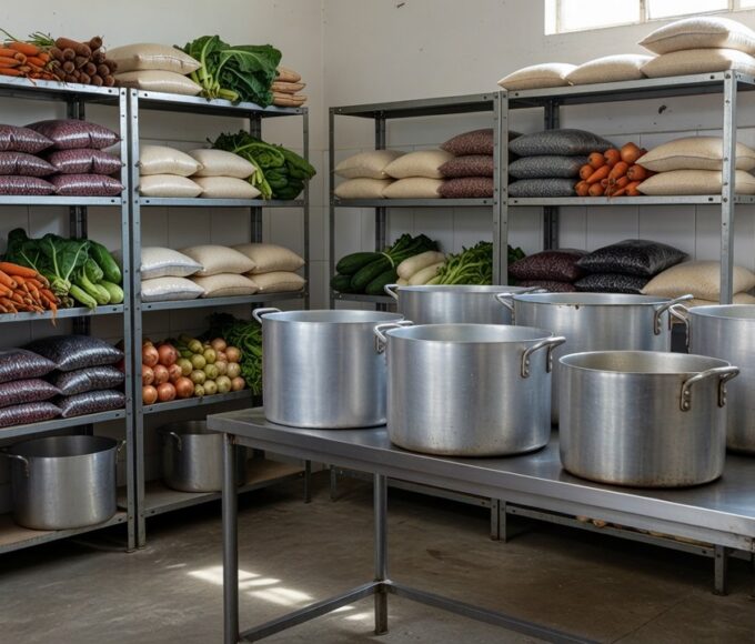Cozinha solidária em Brasília com panelas e alimentos básicos no combate à fome no DF