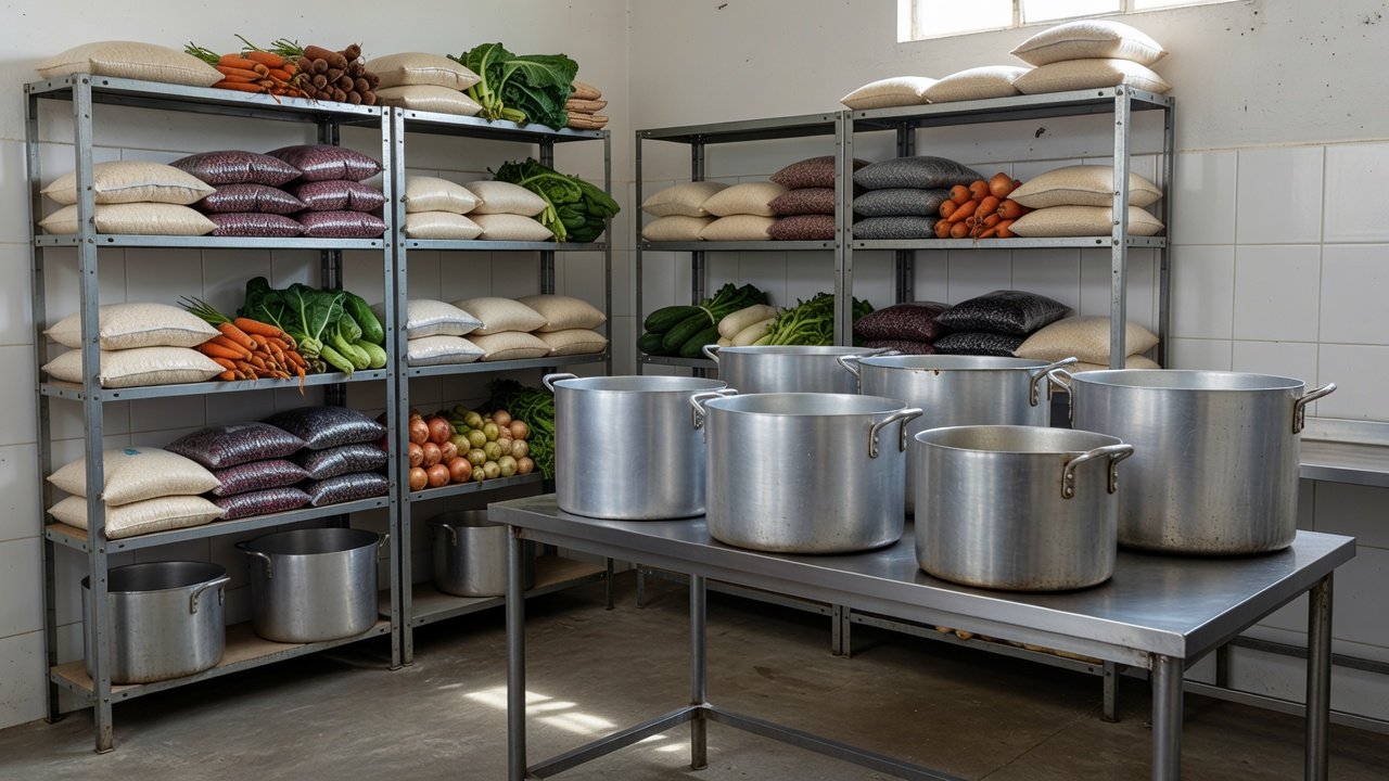 Cozinha solidária em Brasília com panelas e alimentos básicos no combate à fome no DF