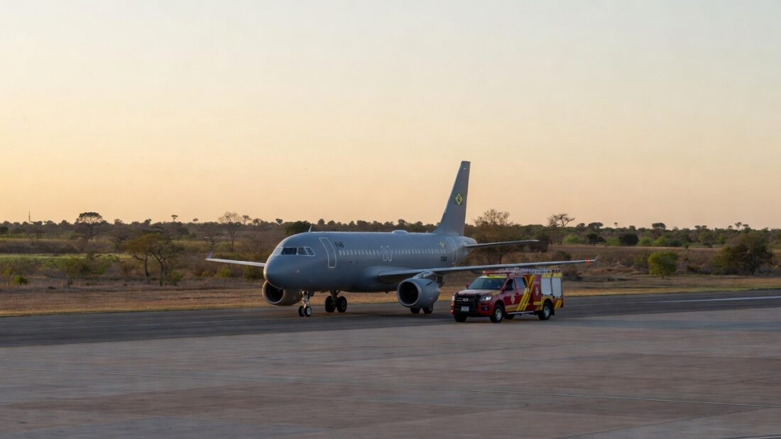 Aeronave da FAB e viatura de bombeiros no transporte de coração de Goiânia para Brasília